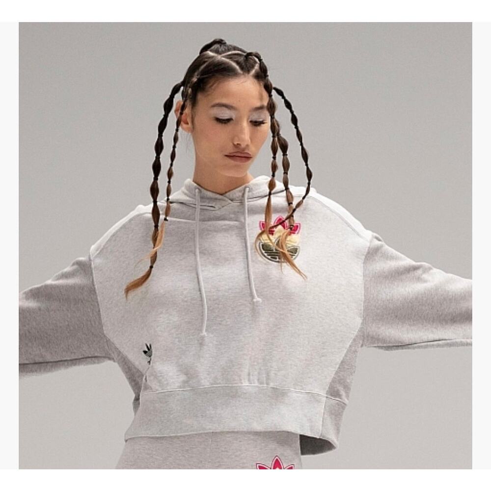 Adidas Logo Play Cropped Gray Hoodie Sz L NWT